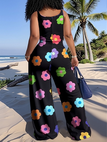 Γυναικεία ολόσωμη φόρμα με τροπικό εκτύπωμα, πολυεστέρας, φαρδιά παντελόνια