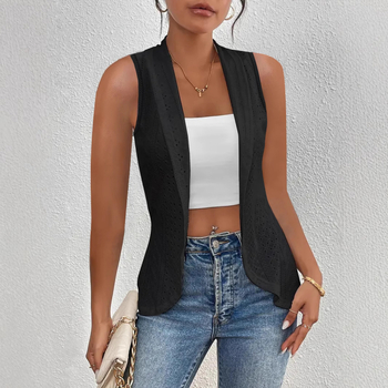 Γυναικείος γιλέκο-καρντίν χωρίς μανίκια, μονόχρωμο μοτίο, πολυεστερικό ύφασμα, πέτο, μεσαίο μήκος, casual στυλ