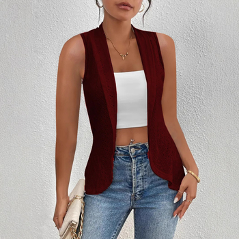 Γυναικείος γιλέκο-καρντίν χωρίς μανίκια, μονόχρωμο μοτίο, πολυεστερικό ύφασμα, πέτο, μεσαίο μήκος, casual στυλ