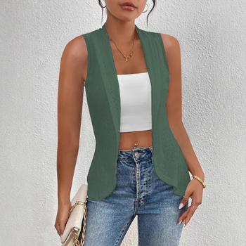 Γυναικείος γιλέκο-καρντίν χωρίς μανίκια, μονόχρωμο μοτίο, πολυεστερικό ύφασμα, πέτο, μεσαίο μήκος, casual στυλ