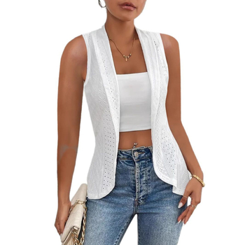 Γυναικείος γιλέκο-καρντίν χωρίς μανίκια, μονόχρωμο μοτίο, πολυεστερικό ύφασμα, πέτο, μεσαίο μήκος, casual στυλ