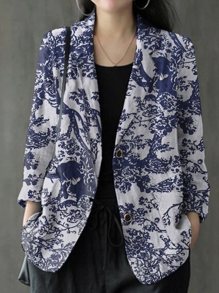 Női kosztümkabát 3D mintával, laza szabás, poliészter, 2024 tavasz