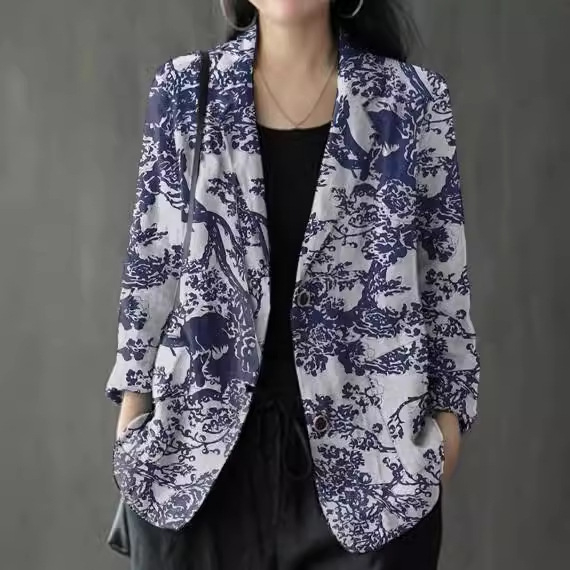 Női kosztümkabát 3D mintával, laza szabás, poliészter, 2024 tavasz