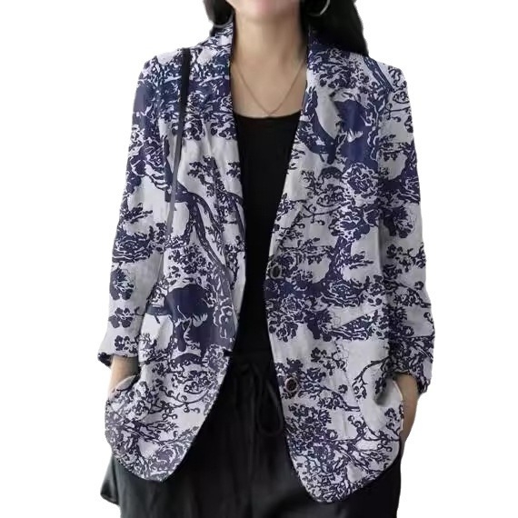 Női kosztümkabát 3D mintával, laza szabás, poliészter, 2024 tavasz