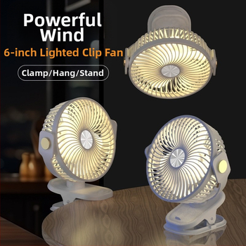 Įkraunamas klipsinis ventiliatorius su įmontuota šviesa, 5 sparneliai, 3 greičiai, 5V/5W