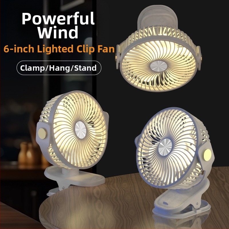 Зареждащ се преносим клип вентилатор с подсветка, 5 лопатки, 3 скорости, литиева батерия