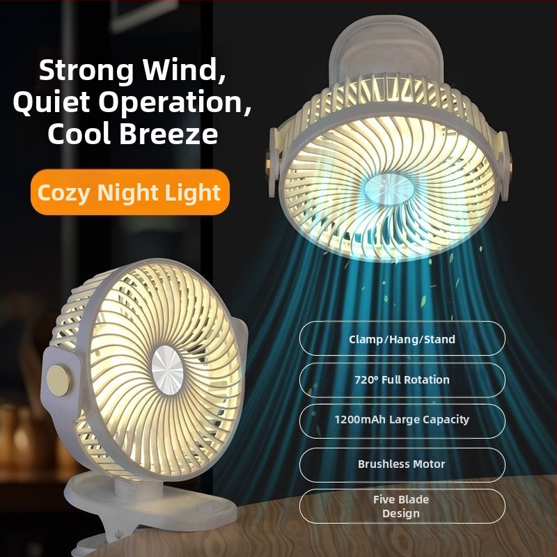 Зареждащ се преносим клип вентилатор с подсветка, 5 лопатки, 3 скорости, литиева батерия