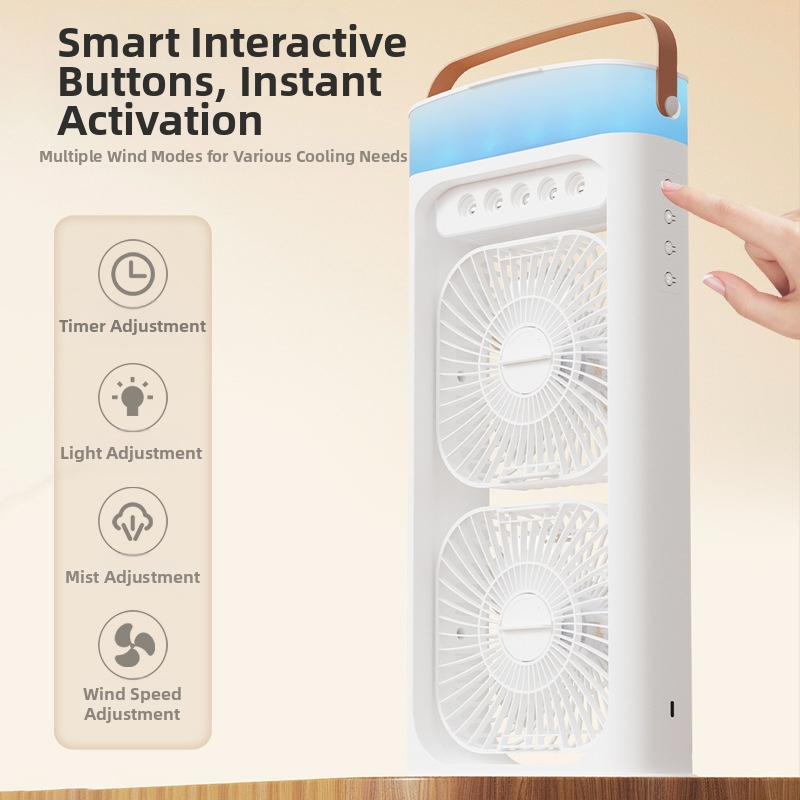 Домашен водноохладителен вентилатор с мъгла и овлажнител, презареждаем, двойна глава; вградена батерия 2000–4000 mAh, 5V/12W, 3 скорости, шум до 36 dB