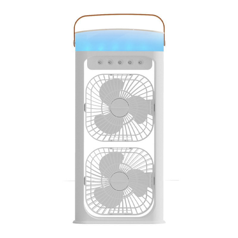 Namų naudojimui skirtas dvigubo galvos purškimo ventiliatorius su įmontuotu drėkintuvu, įkraunamas, 5V/12W, 2000–4000 mAh, 3 greičiai, triukšmas iki 36 dB