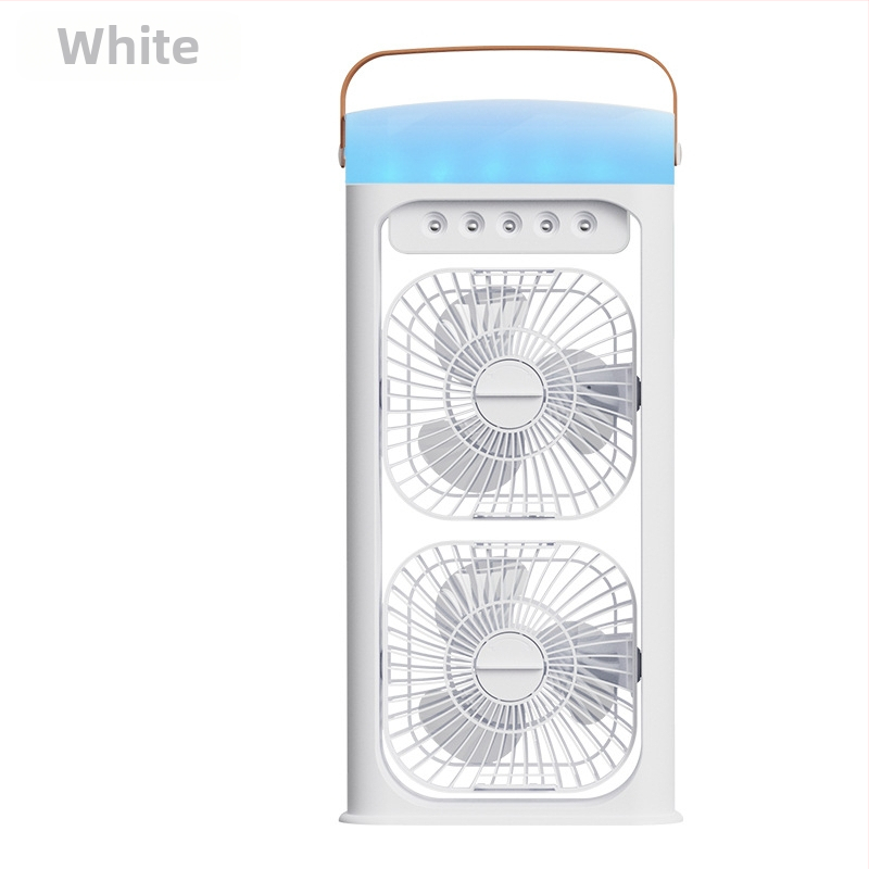 Namų naudojimui skirtas dvigubo galvos purškimo ventiliatorius su įmontuotu drėkintuvu, įkraunamas, 5V/12W, 2000–4000 mAh, 3 greičiai, triukšmas iki 36 dB