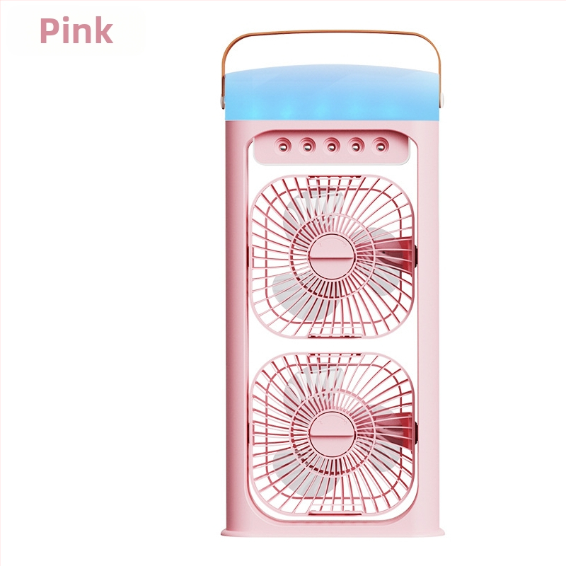 Namų naudojimui skirtas dvigubo galvos purškimo ventiliatorius su įmontuotu drėkintuvu, įkraunamas, 5V/12W, 2000–4000 mAh, 3 greičiai, triukšmas iki 36 dB