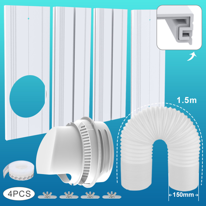 Mobiliojo oro kondicionieriaus stiklinio komplektas su reguliuojamu lango sandariu ir universalia keturių vienoje sąsaja, modelis 9000111