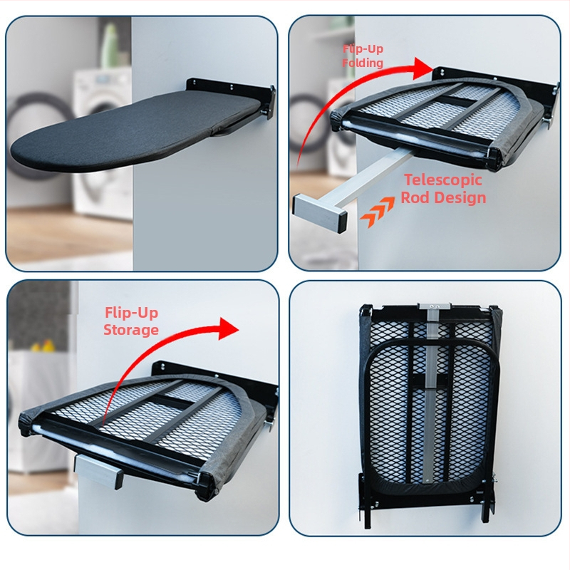 Стенно висяща сгъваема гладилна дъска с държач за ютия и закачалка – памучно покритие, иглена подложка, рама от въглеродна стомана, пластмасови крачета; 4 броя в кутия