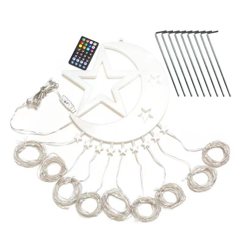 LED virvinių šviestuvų gijas su Mėnulio ir Žvaigždės dizainu, krioklio efektas, lauko pakabinama dekoracija medžiui (3W, DC įtampa, ≤36V, IP42, CE)