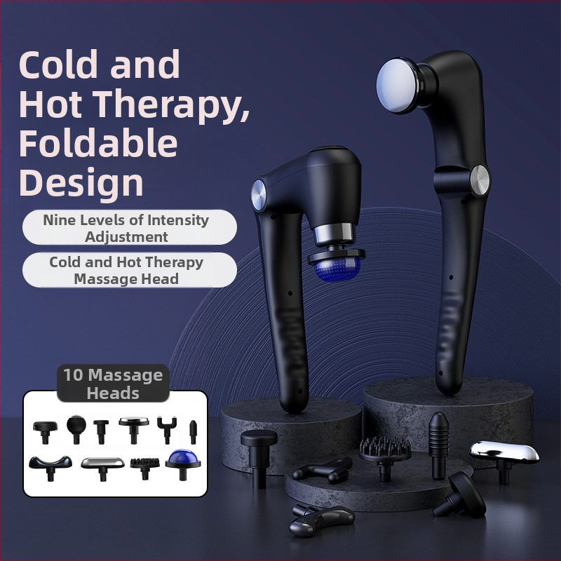 Fasijų masažo pistoletas su šepetėlių varikliu; sulankstomas dizainas; karštas/šaltas atpalaidavimas; 6+ galvutės; įmontuota 1200–2000 mAh baterija, veikimo laikas 1–3 val.