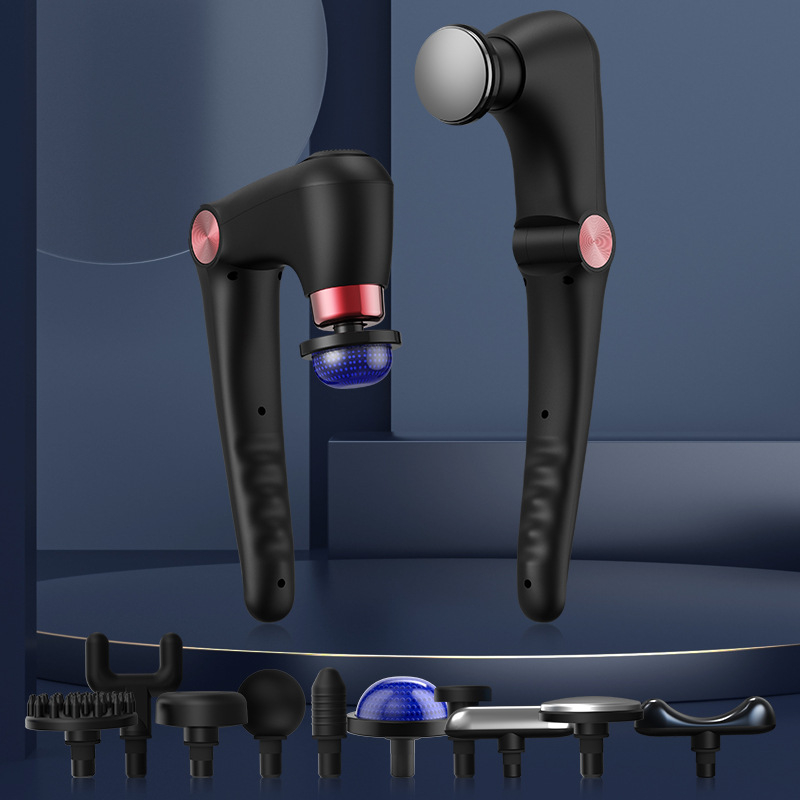 Fasijų masažo pistoletas su šepetėlių varikliu; sulankstomas dizainas; karštas/šaltas atpalaidavimas; 6+ galvutės; įmontuota 1200–2000 mAh baterija, veikimo laikas 1–3 val.