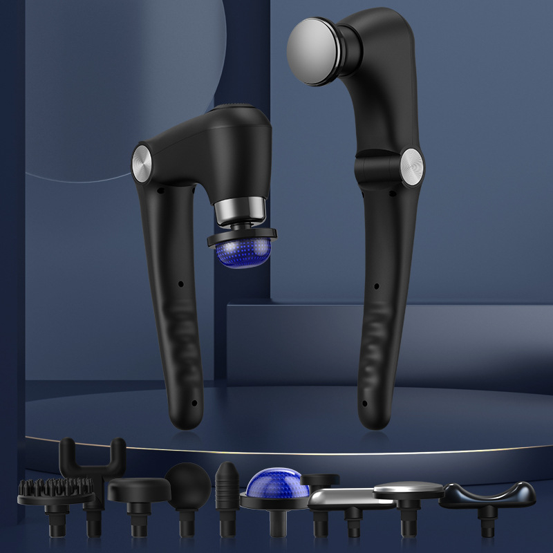 Fasijų masažo pistoletas su šepetėlių varikliu; sulankstomas dizainas; karštas/šaltas atpalaidavimas; 6+ galvutės; įmontuota 1200–2000 mAh baterija, veikimo laikas 1–3 val.