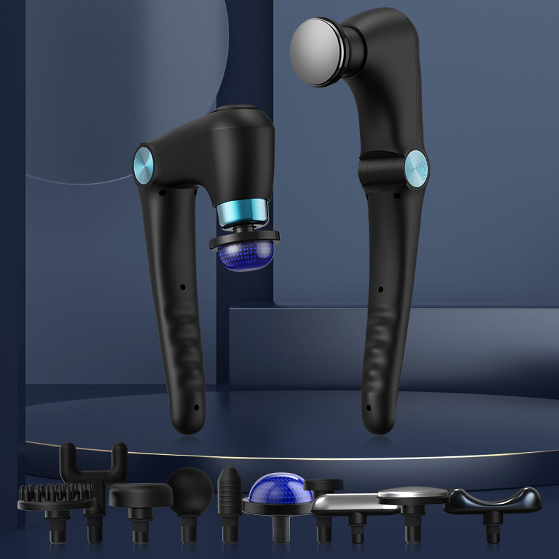 Fasijų masažo pistoletas su šepetėlių varikliu; sulankstomas dizainas; karštas/šaltas atpalaidavimas; 6+ galvutės; įmontuota 1200–2000 mAh baterija, veikimo laikas 1–3 val.