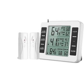 Безжичен цифров термометър с висока точност, вътрешен/външен датчик, съвместим с хладилник и студено съхранение, аларма и цифров дисплей за домашна употреба