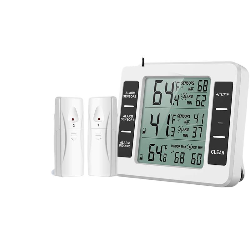 Безжичен цифров термометър с висока точност, вътрешен/външен датчик, съвместим с хладилник и студено съхранение, аларма и цифров дисплей за домашна употреба