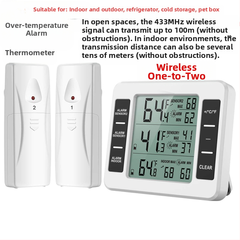 Безжичен цифров термометър с висока точност, вътрешен/външен датчик, съвместим с хладилник и студено съхранение, аларма и цифров дисплей за домашна употреба