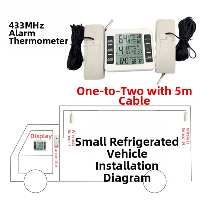 Безжичен цифров термометър с висока точност, вътрешен/външен датчик, съвместим с хладилник и студено съхранение, аларма и цифров дисплей за домашна употреба