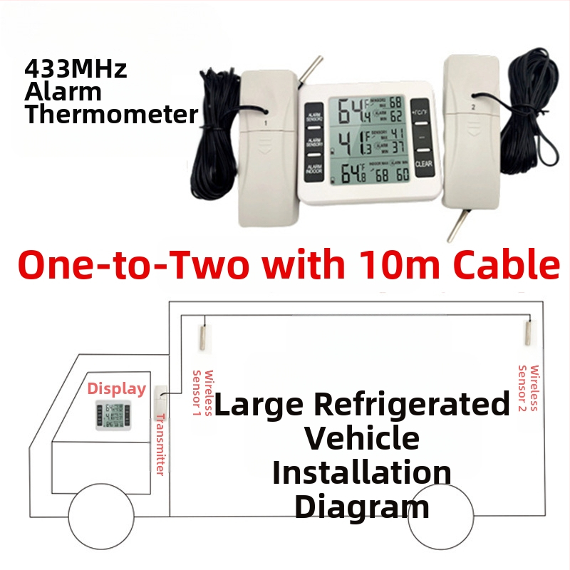 Безжичен цифров термометър с висока точност, вътрешен/външен датчик, съвместим с хладилник и студено съхранение, аларма и цифров дисплей за домашна употреба