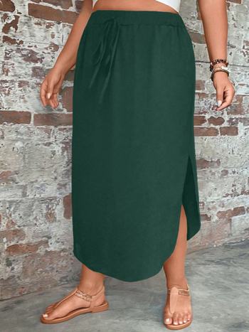 Γυναικεία φούστα μεγάλου μεγέθους, casual με σχίσιμο και τιράντα, μεσαίου μήκους, μονόχρωμη, πολυεστέρας-ελαστάν