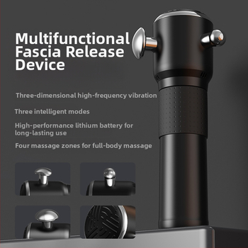 Fasijų masažo ginklas su bešelinio tipo varikliu, LCD ekranas, 3 greičiai, 3 galvutės, įmontuota baterija 1200–2000 mAh (3–6 h)