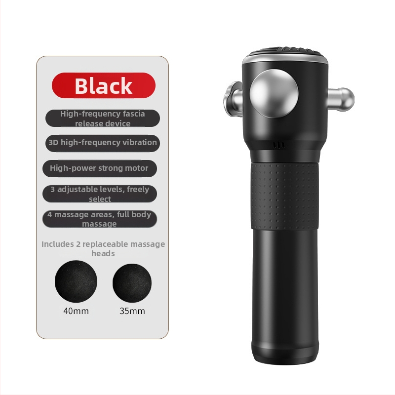 Fasijų masažo ginklas su bešelinio tipo varikliu, LCD ekranas, 3 greičiai, 3 galvutės, įmontuota baterija 1200–2000 mAh (3–6 h)