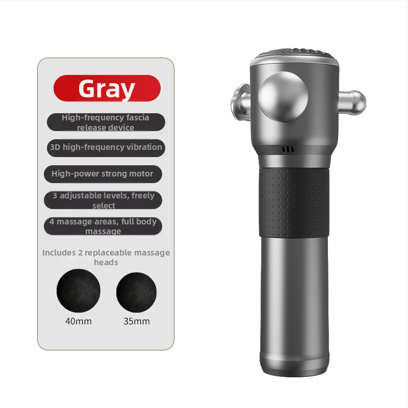 Fasijų masažo ginklas su bešelinio tipo varikliu, LCD ekranas, 3 greičiai, 3 galvutės, įmontuota baterija 1200–2000 mAh (3–6 h)