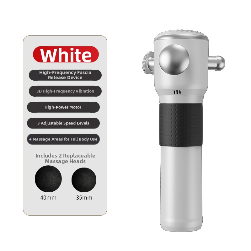 Fasijų masažo ginklas su bešelinio tipo varikliu, LCD ekranas, 3 greičiai, 3 galvutės, įmontuota baterija 1200–2000 mAh (3–6 h)