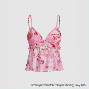 Τοπ με τιράντες, χωρίς μανίκια, χαλαρή γραμμή, φλοράλ μοτίβο, πολυεστέρας με ελαστάνη 95%+, κοντό μήκος 40-50 εκ., άνοιξη 2025 έκδοση