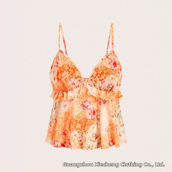 Τοπ με τιράντες, χωρίς μανίκια, χαλαρή γραμμή, φλοράλ μοτίβο, πολυεστέρας με ελαστάνη 95%+, κοντό μήκος 40-50 εκ., άνοιξη 2025 έκδοση