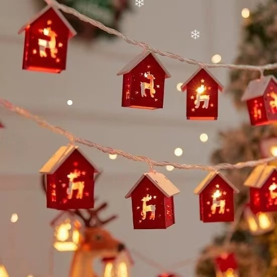LED virtene ar vara vadiem koka mājas formā, 10 LED, bateriju barošana, IP44, iekšējai un ārējai Ziemassvētku dekorācijai