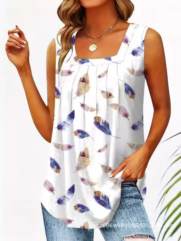 Дамски безръкав топ с принт на пера, Regular модел, полиестер (95%+) със спандекс (<30%), дължина 50–65 см, презрамки, които не се свалят