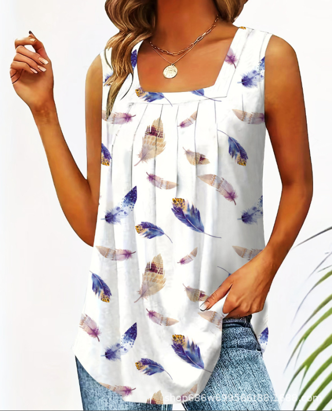 Дамски безръкав топ с принт на пера, Regular модел, полиестер (95%+) със спандекс (<30%), дължина 50–65 см, презрамки, които не се свалят