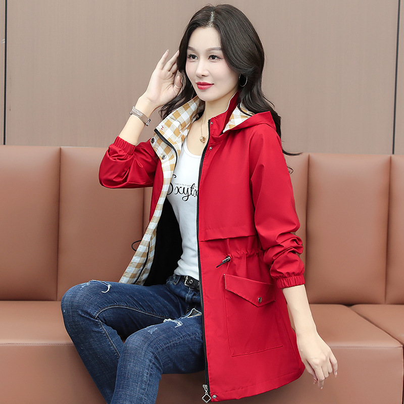 Γυναικείο μπουφάν με κουκούλα, μεσαίο μήκος, φερμουάρ, εκτύπωση κειμένου, πολυεστέρας