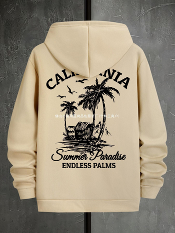 Уютен мъжки суитшърт с качулка и дълги ръкави, отзад дизайн палми на Калифорния — полиестер 96%+, 180–250 g, пролет 2024