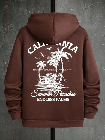 Уютен мъжки суитшърт с качулка и дълги ръкави, отзад дизайн палми на Калифорния — полиестер 96%+, 180–250 g, пролет 2024