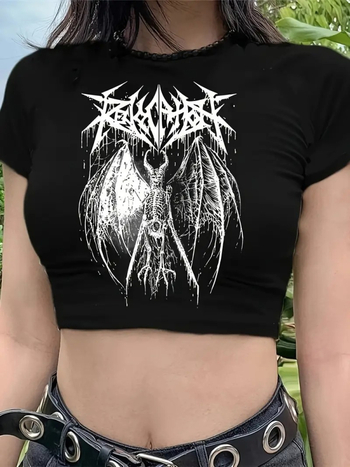 Női karcsú szabású rövid ujjú póló kerek nyakkal, poliészter, nyomtatott sötét mintázat, utcai stílus