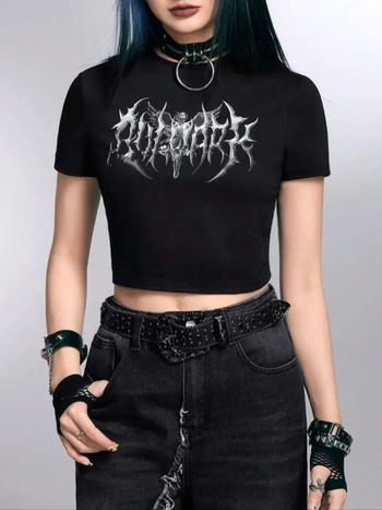 Női karcsú szabású rövid ujjú póló kerek nyakkal, poliészter, nyomtatott sötét mintázat, utcai stílus