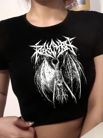 Női karcsú szabású rövid ujjú póló kerek nyakkal, poliészter, nyomtatott sötét mintázat, utcai stílus