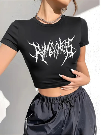 Női karcsú szabású rövid ujjú póló kerek nyakkal, poliészter, nyomtatott sötét mintázat, utcai stílus