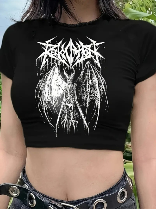 Női karcsú szabású rövid ujjú póló kerek nyakkal, poliészter, nyomtatott sötét mintázat, utcai stílus