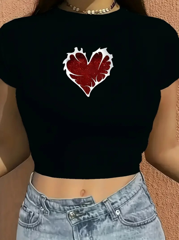 Női karcsú szabású rövid ujjú póló kerek nyakkal, poliészter, nyomtatott sötét mintázat, utcai stílus