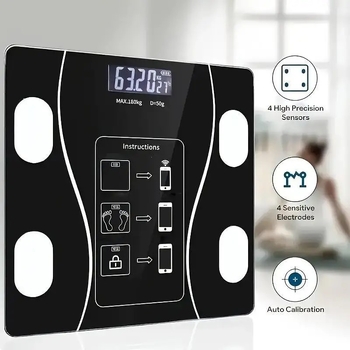Baterijomis maitinamos kūno masės svarstyklės su Bluetooth, kūno riebalų ir vandens matavimu, LCD ekranas, grūdintas stiklas