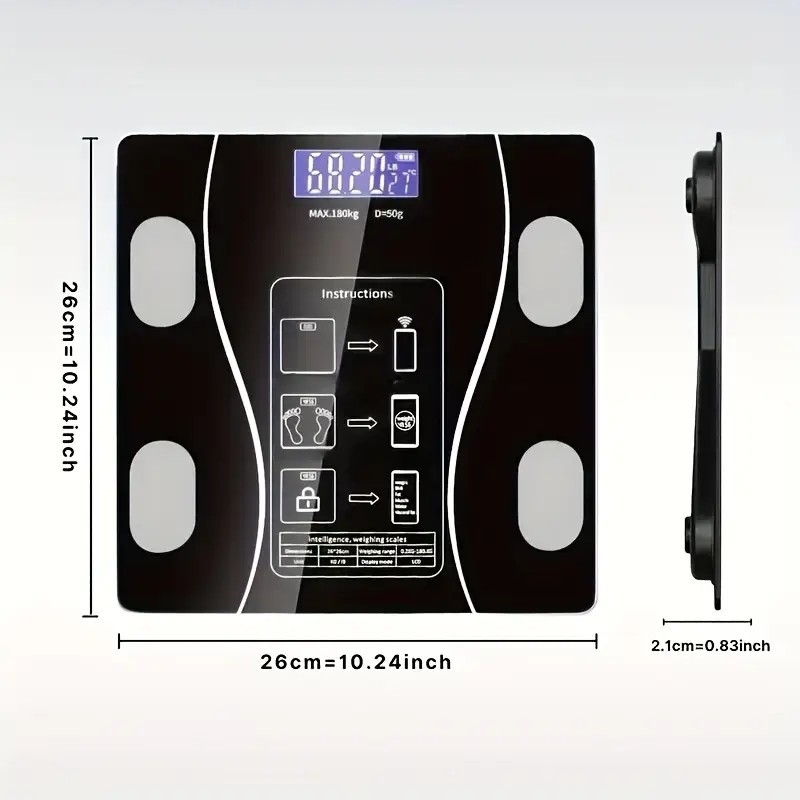 Baterijomis maitinamos kūno masės svarstyklės su Bluetooth, kūno riebalų ir vandens matavimu, LCD ekranas, grūdintas stiklas