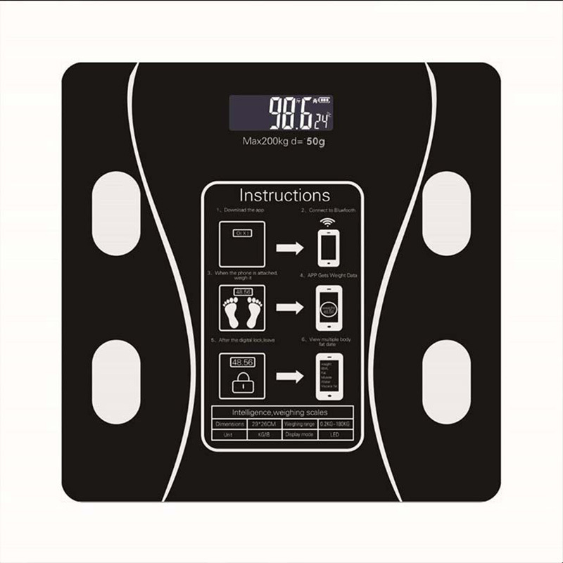 Baterijomis maitinamos kūno masės svarstyklės su Bluetooth, kūno riebalų ir vandens matavimu, LCD ekranas, grūdintas stiklas