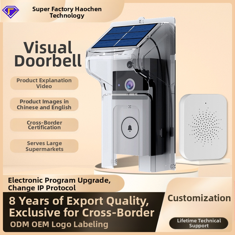 Безжичен видеодверен звънец със соларен покрив против дъжд, дълъг режим на готовност, интерком с променящ гласа и наблюдателна камера (5V/1A захранване, 3.7V батерия, 38 мелодии, 0.5W)
